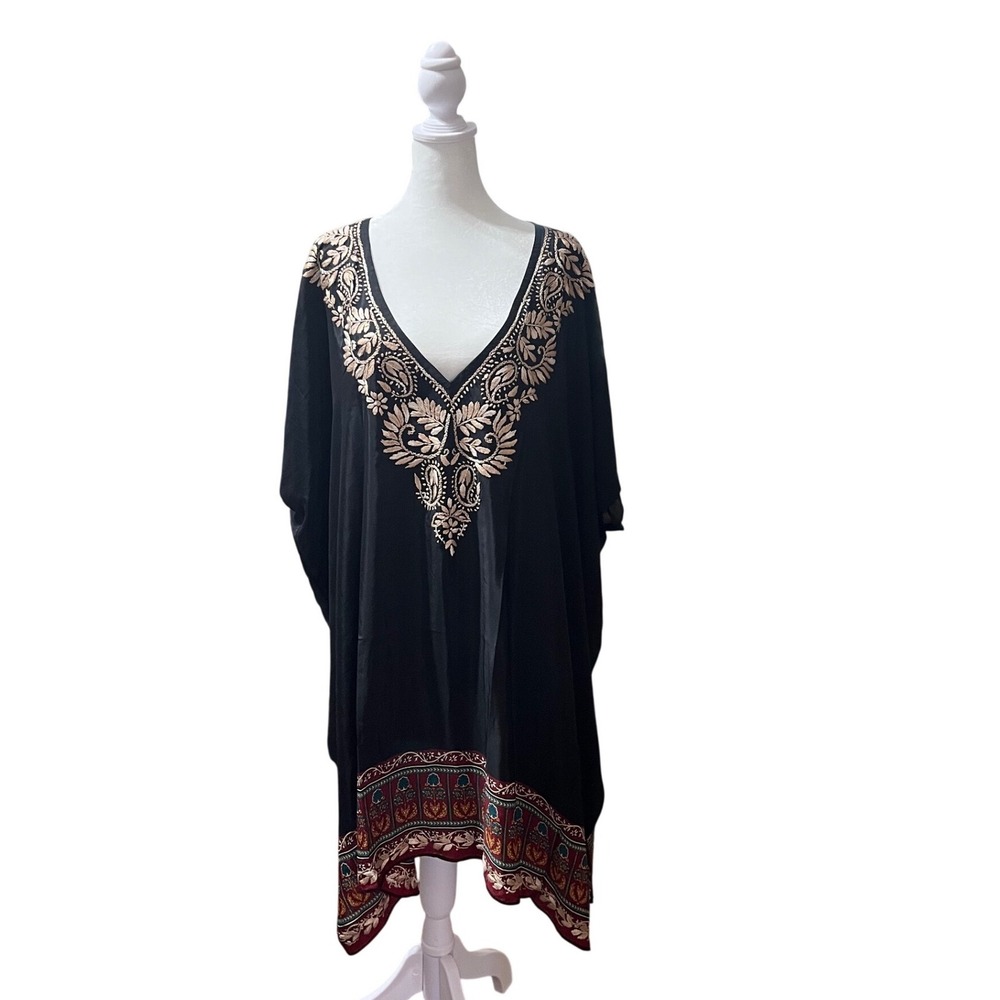 Karyn Seo Silk Black Embroidered Kaftan Dress Boho V-Neck Border Print Medium